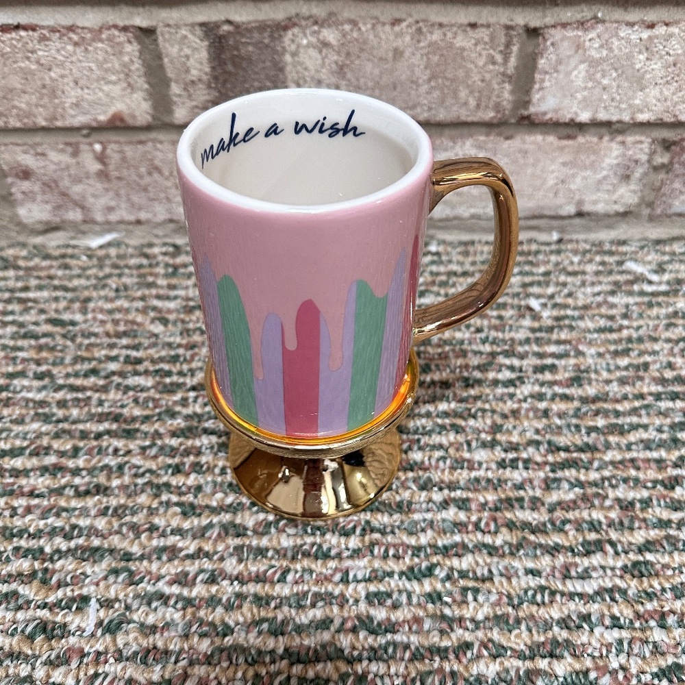 NEW 8 Oak Lane Pastel Gold Trim Birthday Pedestal “Make A Wish” Coffee Mug